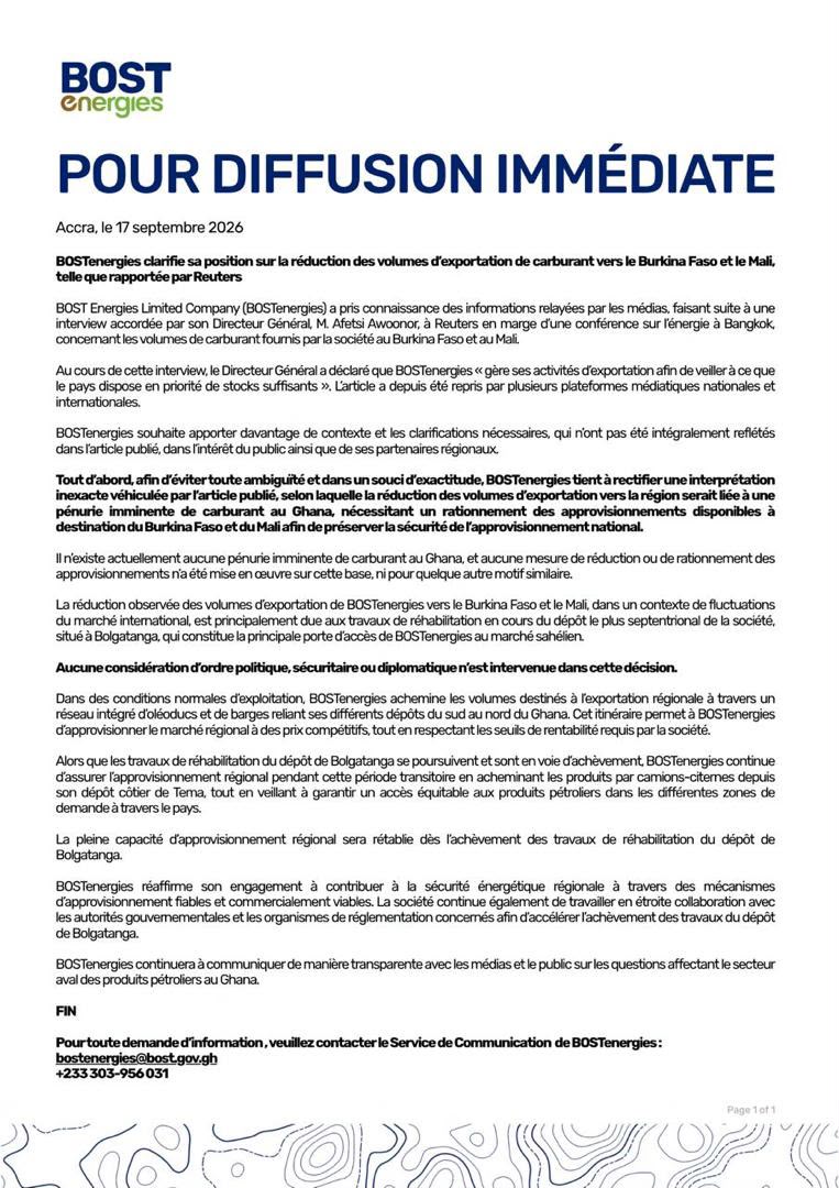 BOSTenergies Clarifies Position on Reduction in Fuel Export Volumes to Burkina Faso and Mali to Protect Local Supply as Reported by Reuters